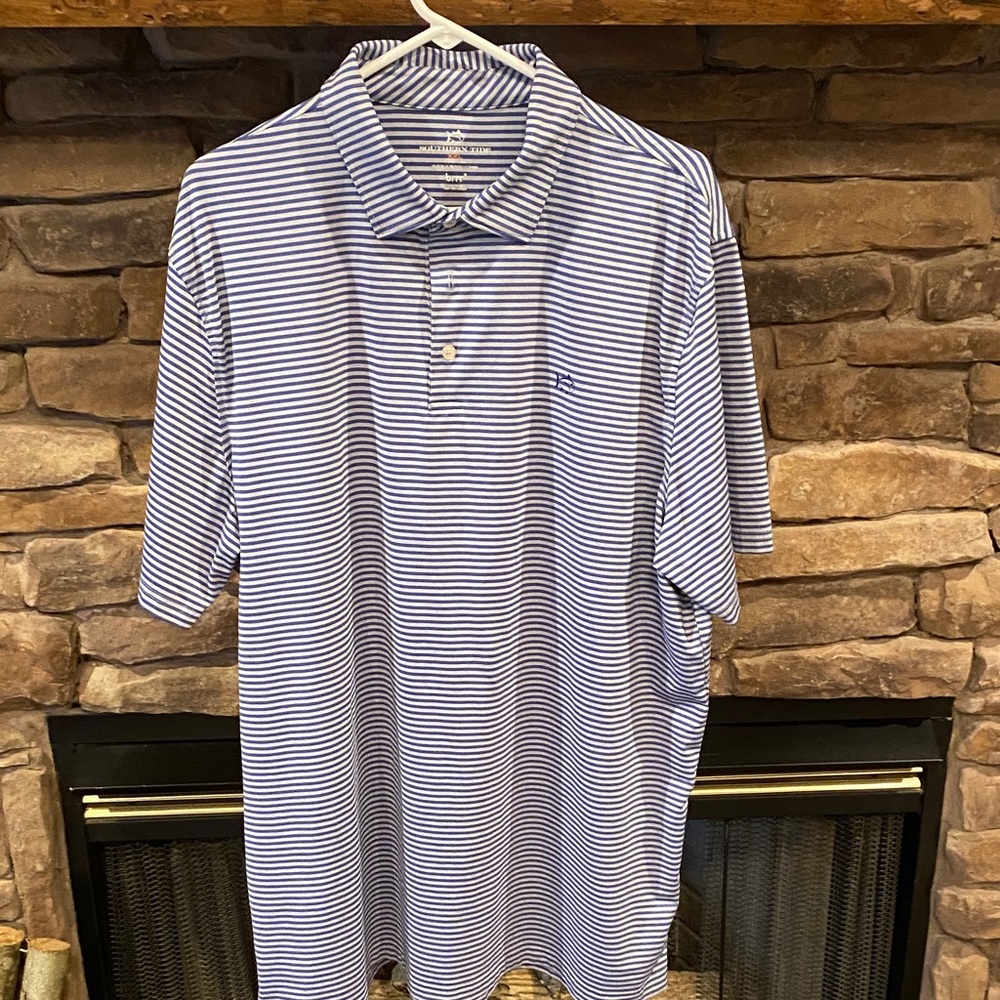 Southern Tide Navy and White Striped Polo